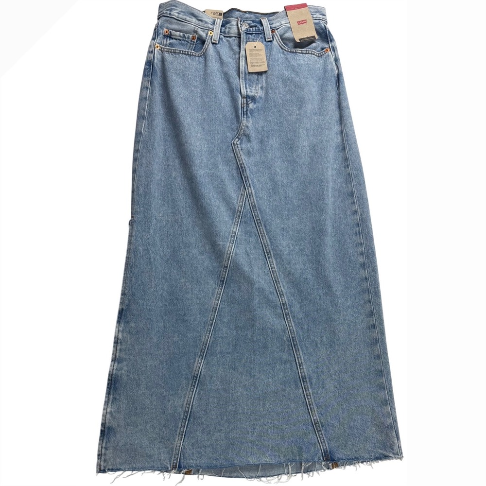 Levi Strauss & Co Womens Size 27 Denim Maxi Skirt Light Wash Distressed Raw Hem